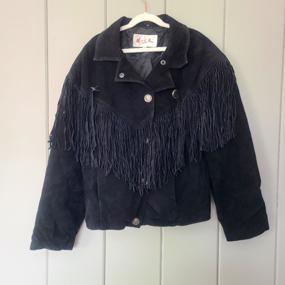 vtg leathersuede fringe riding western rodeo jacket with buffalo nickel buttons
